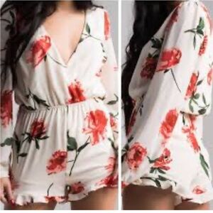 Emory Park Long Sleeve Ruffle Hem Floral Short Romper Cream